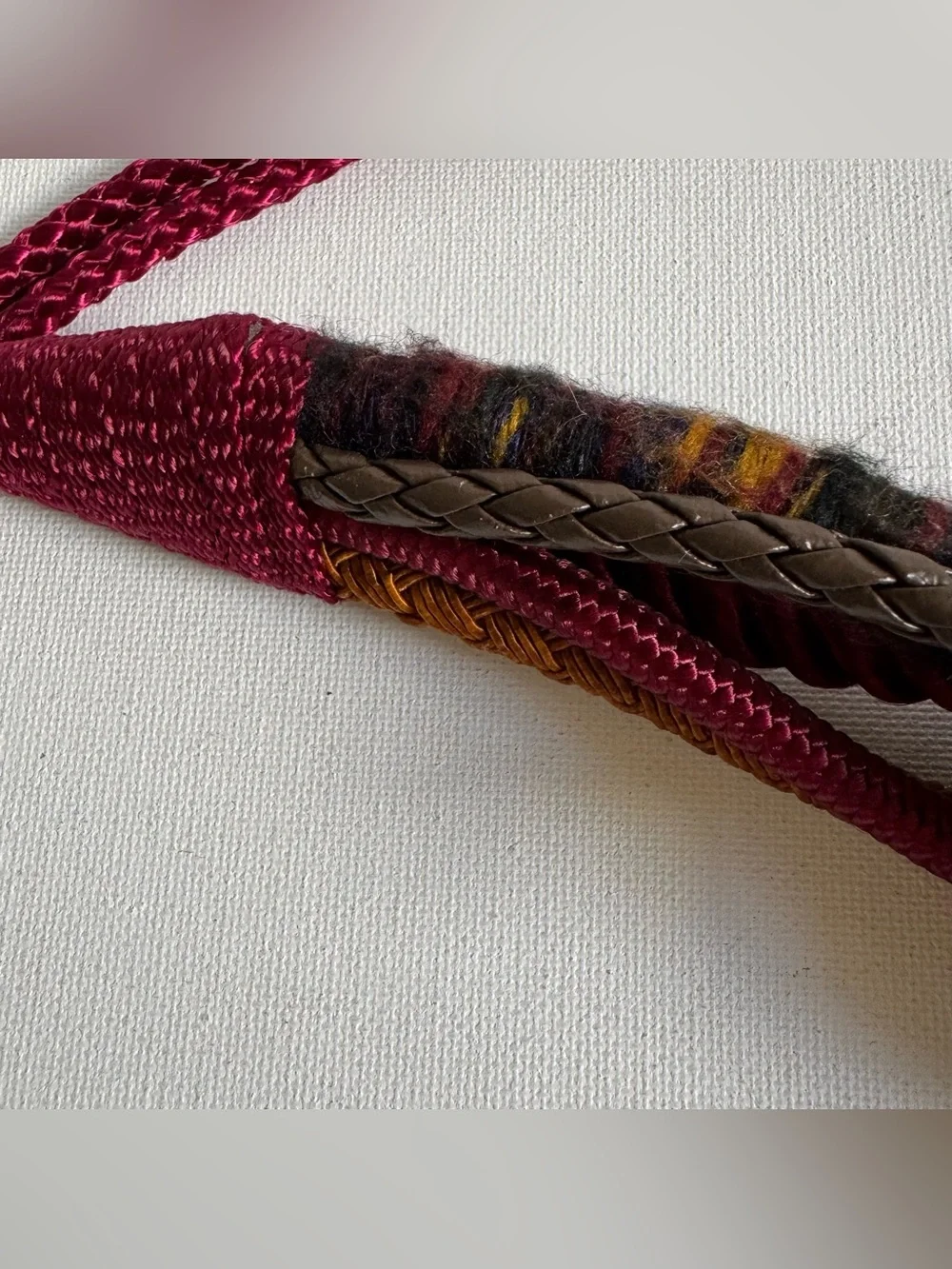 Vtg Burgundy Mixed Media Braided Woven Cord Belt Gold Tone Art To Wear Statement